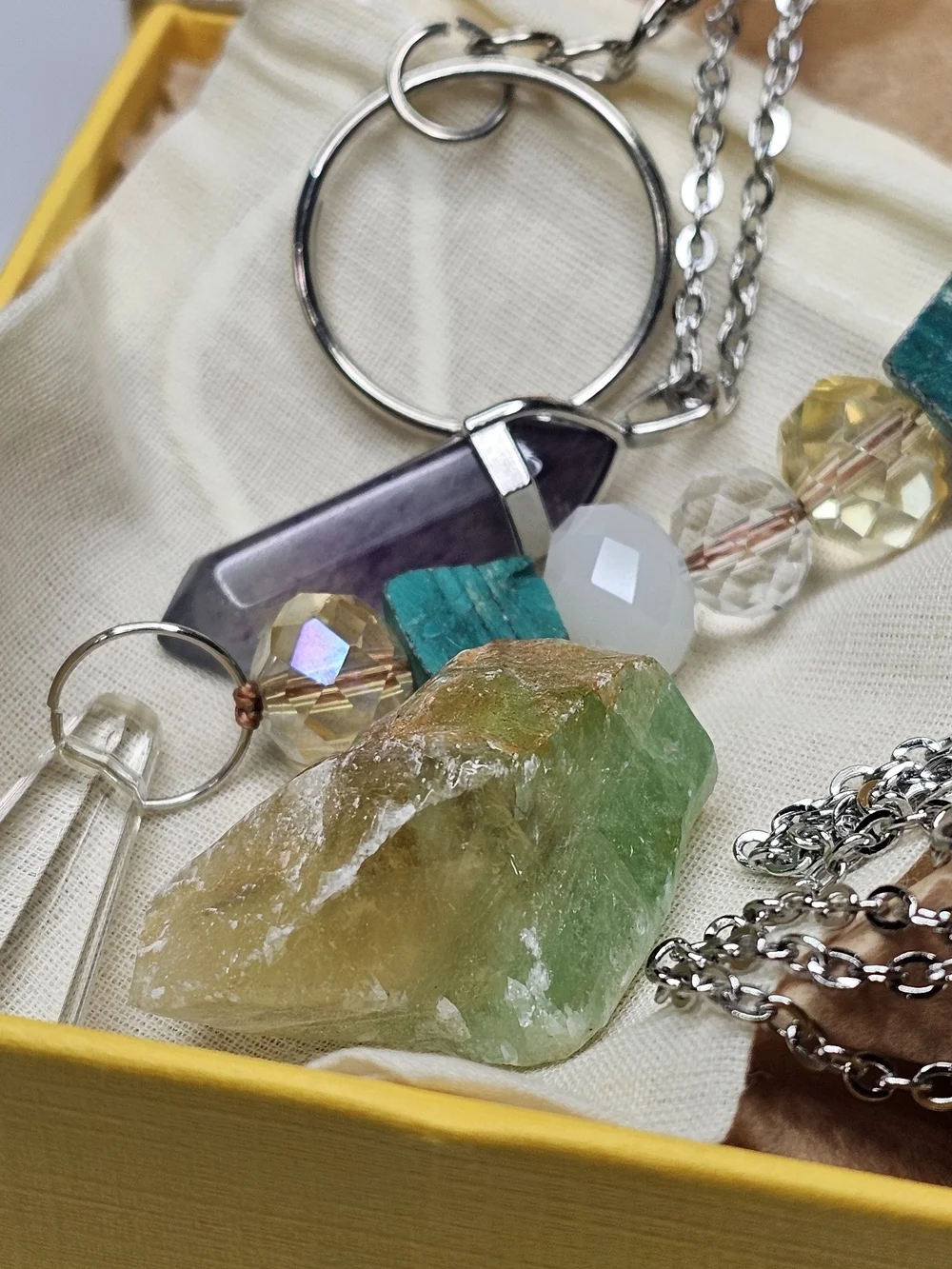Mixed Crystal Pendant Necklace and Keychain Set in Green and Aqua
